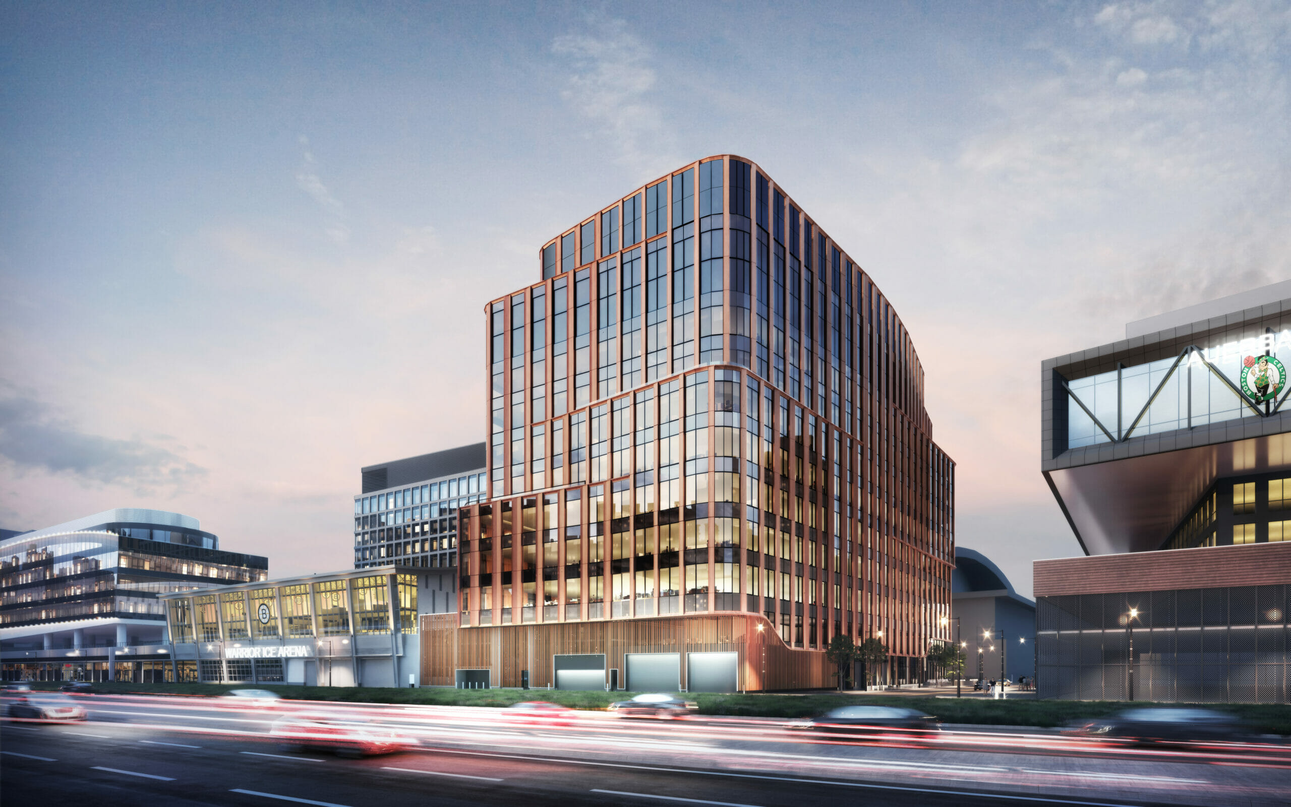 Architectural rendering of a modern building with copper tones, and engaging curves