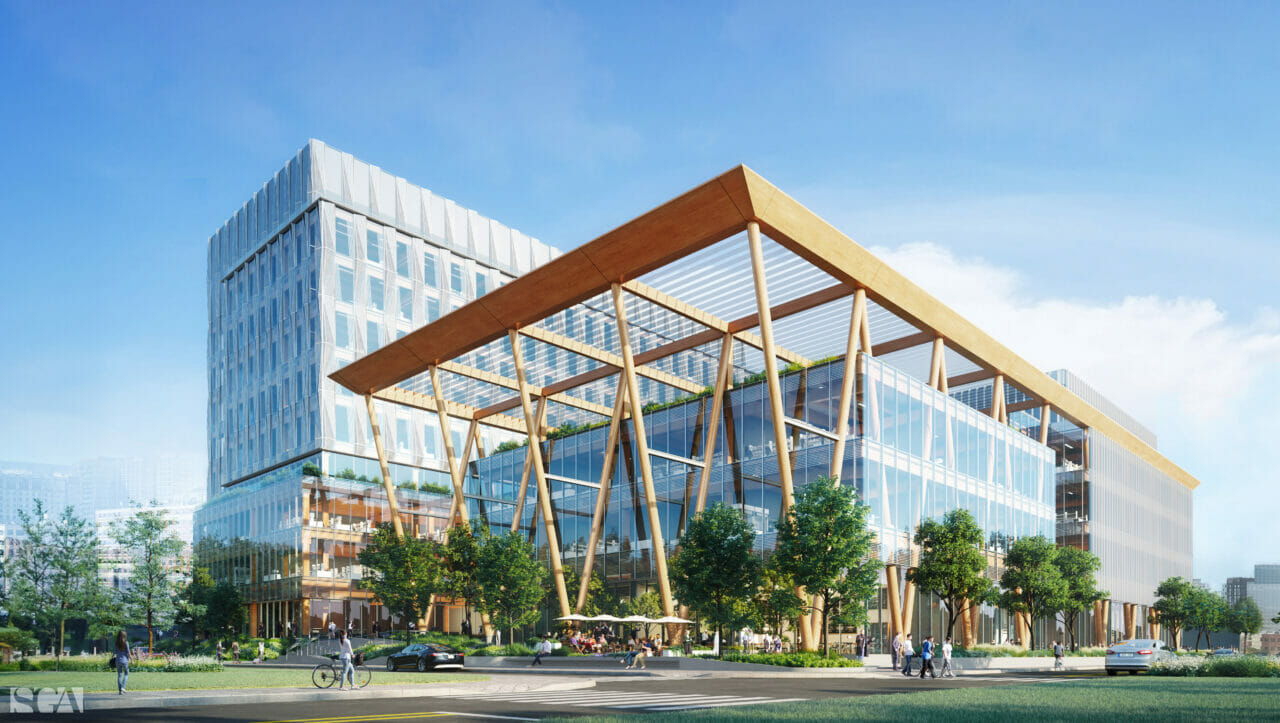 Architectural rendering from the POV of a pedestrian walking by a sustainable life sciences development